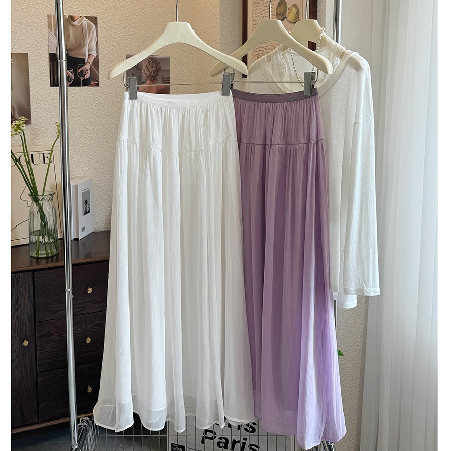 High-Waisted Skirt for Women Summer A-Line Mid-Length Slim Pleated Flowing Gauze Skirt Pure Color Skirt 2025 Spring and Summer Skirt