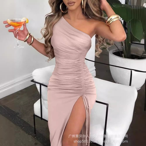 Women's Elegant Commuter List: Shoulder Pleated V-Neck Waist-Tightening Drawstring Party Dress – LZJ1703F Series