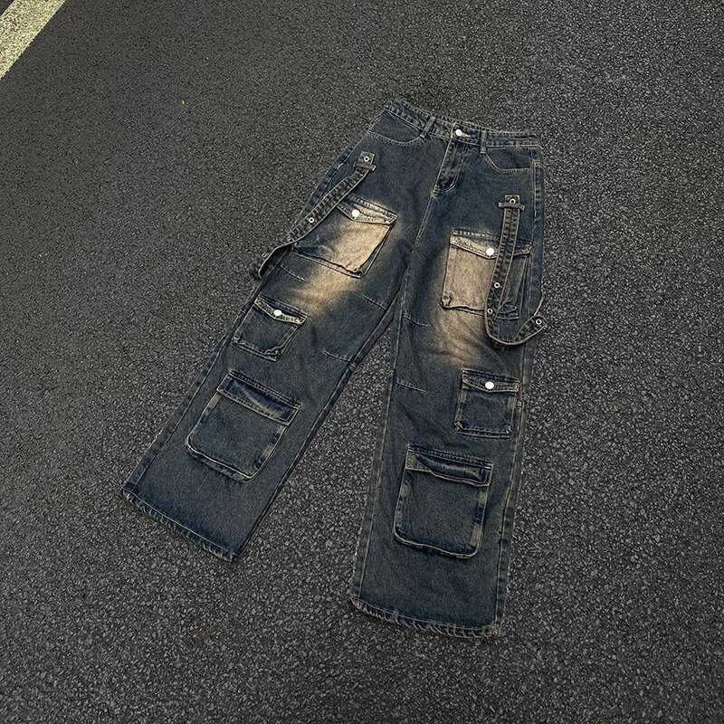 American Style Retro Heavy Industry Design Sense Tooling Jeans Women's Autumn and Winter New Spice Girls Multi-Pocket Wide Leg Casual Pants