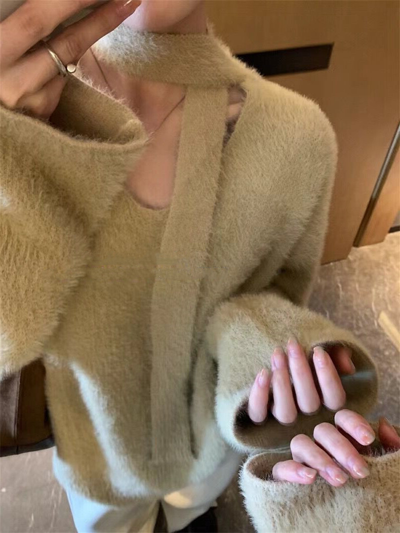 Sciarpa con scollo a V in stile coreano con pullover in pelliccia di visone, morbida maglia appiccicosa per l'autunno e l'inverno delle donne_voghion.com