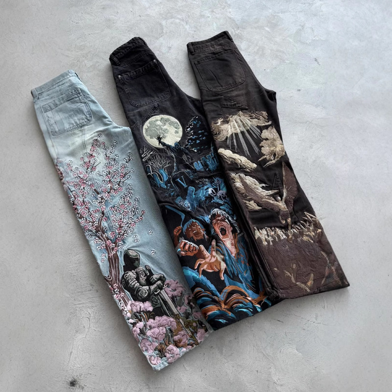 High-Quality European and American Vescartes Jeans, Cross-Border Vintage Heavy-Duty Embroidered Wide-Leg Cherry Blossom Jeans for Men and Women