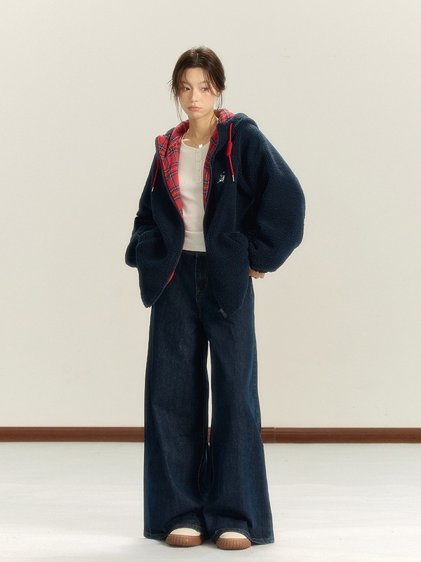iNSLiiSA羊羔毛拼格子美拉德连帽拉链外套女秋冬季加厚外套开衫|undefined