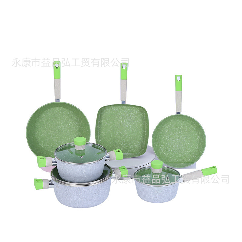 Transfronterizo de seis piezas fluorescente verde sartén aluminio hogar cocina antiadherente pan regalo olla traje