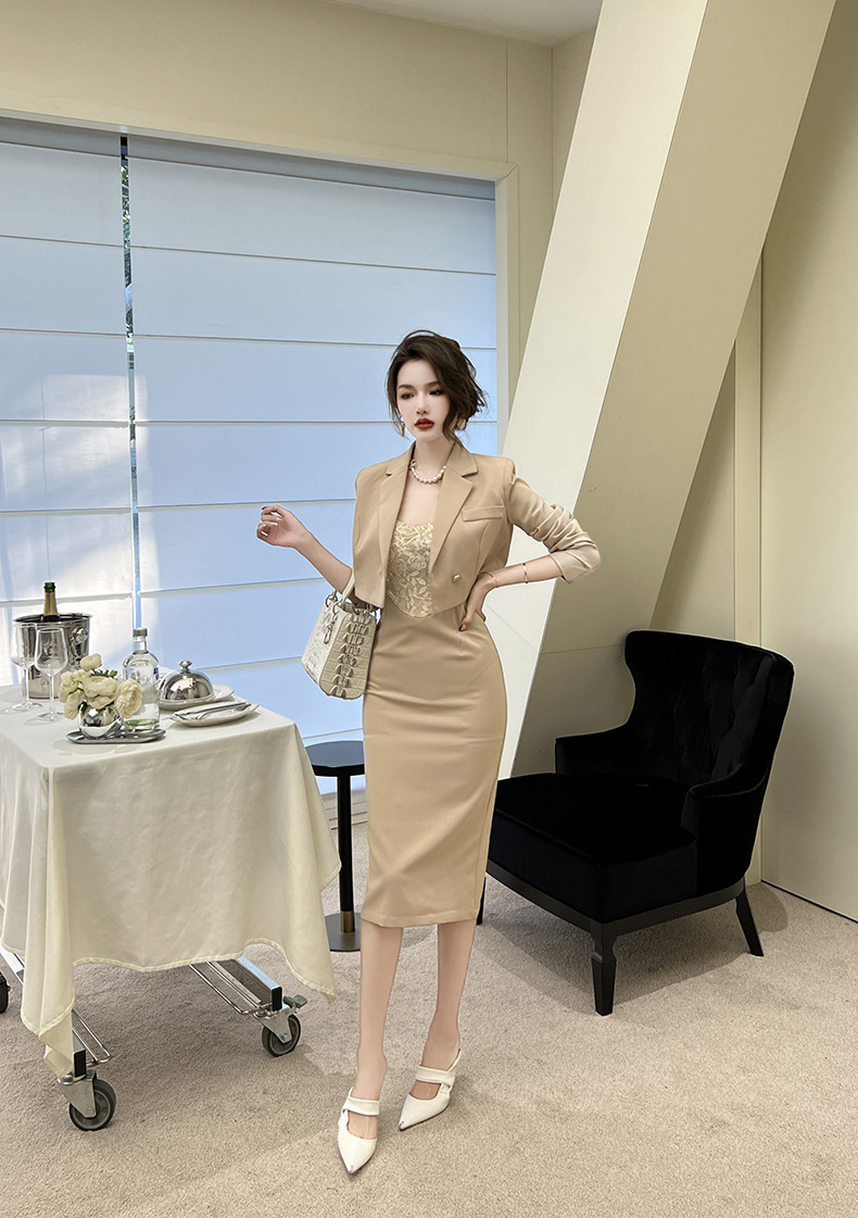 Bộ áo khoác vest phối váy hai dây nữ phong cách trưởng thành — Màu Kaki chi tiết 18