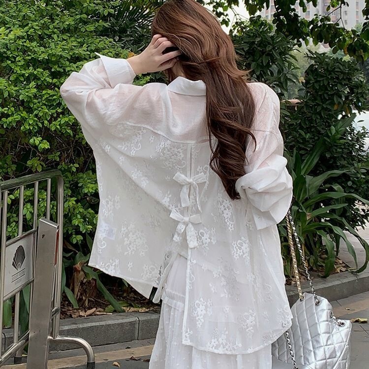 White Shirt for Women, New Summer Style French-Style Top, Women's Jacket, Elegant Sun Protection Shirt, Lace Long-Sleeved Gentle Style Shirt
