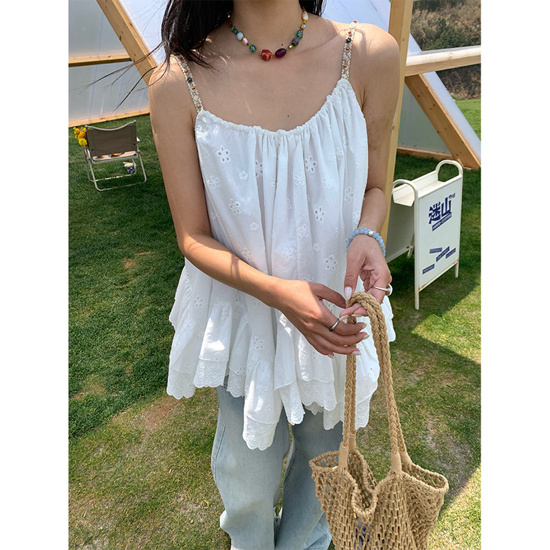 Huang Zheng Color Beaded Shoulder Belt Lace Stitching Ruffled Loose Sling Women's 2025 Summer Sweet Romantic 520425