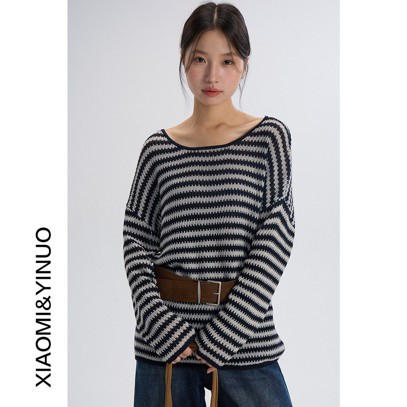 [Oufan] Black and White Stripesd Long-Sleeved Knitted Sweater for Women 2025 Autum New Fashion Relaxed Top 3126