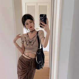 美式复古蝴蝶晕染印花短袖t恤女夏季设计感小众别致辣妹短款上衣