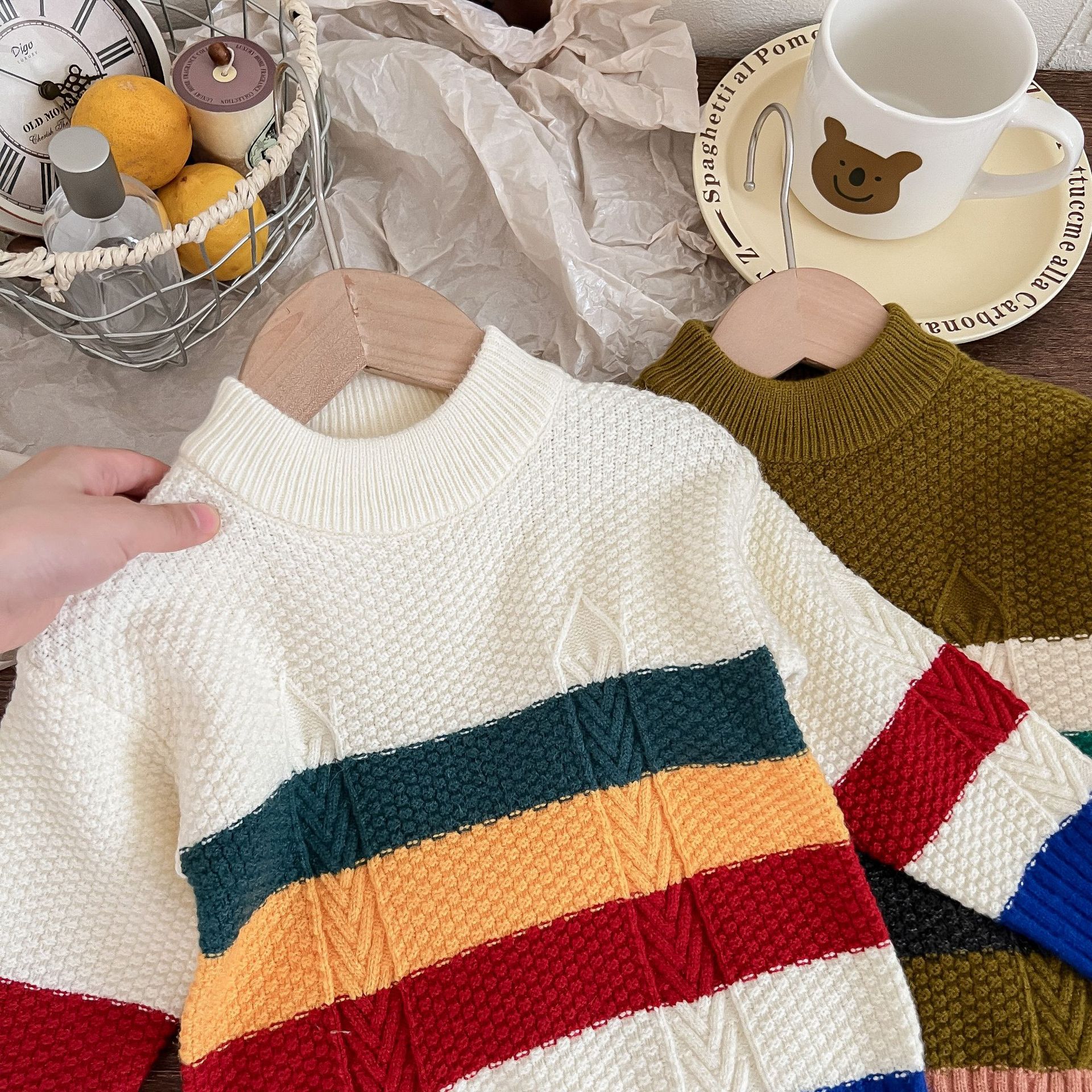 Kinder Rundhals Strickjacke Für Jungen Und Mädchen Gestreift_voghion.com