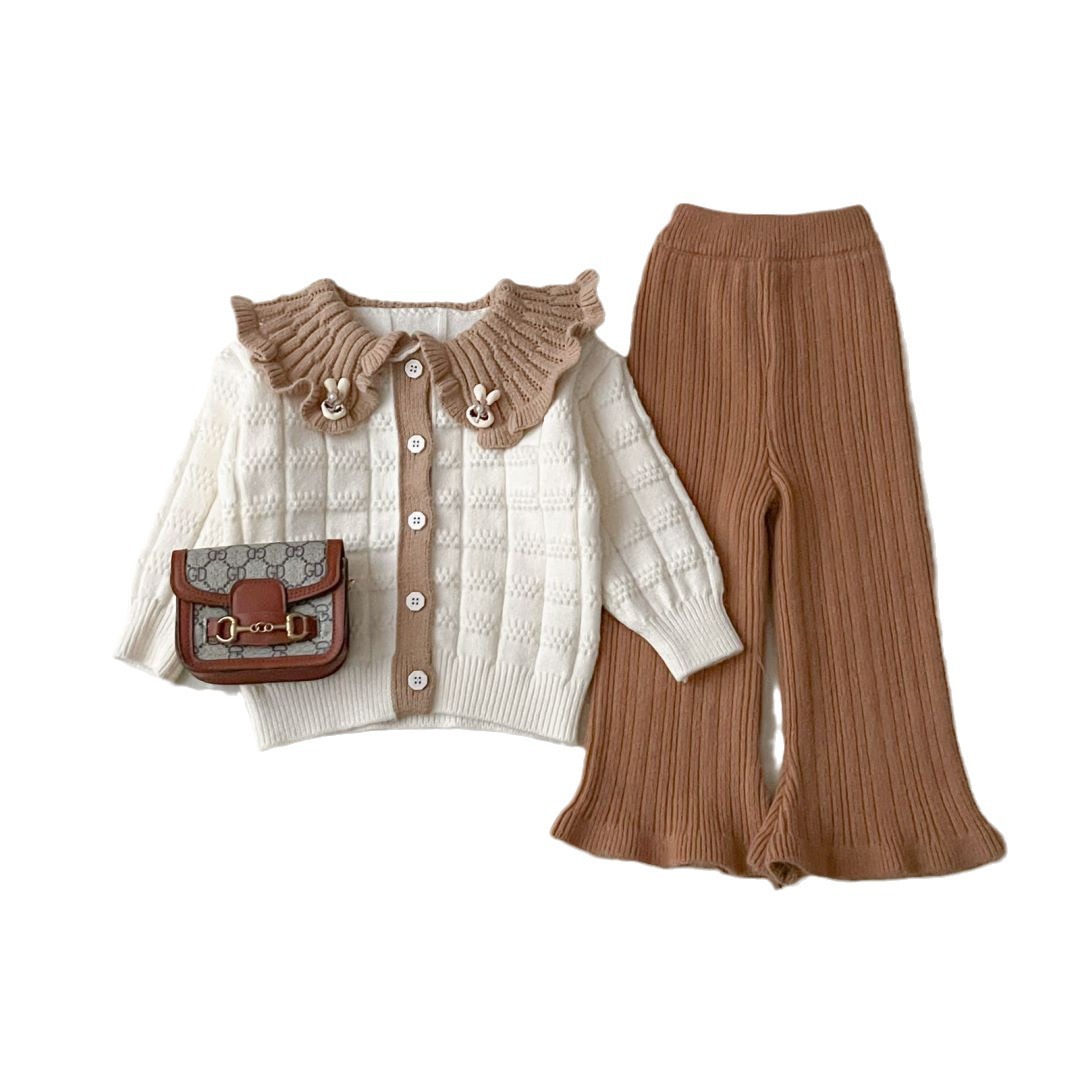 Giacca lavorata a maglia in due pezzi da ragazza 2023 autunno / inverno nuovo cardigan con risvolto grande per ragazza coniglio con maglione carino_voghion.com