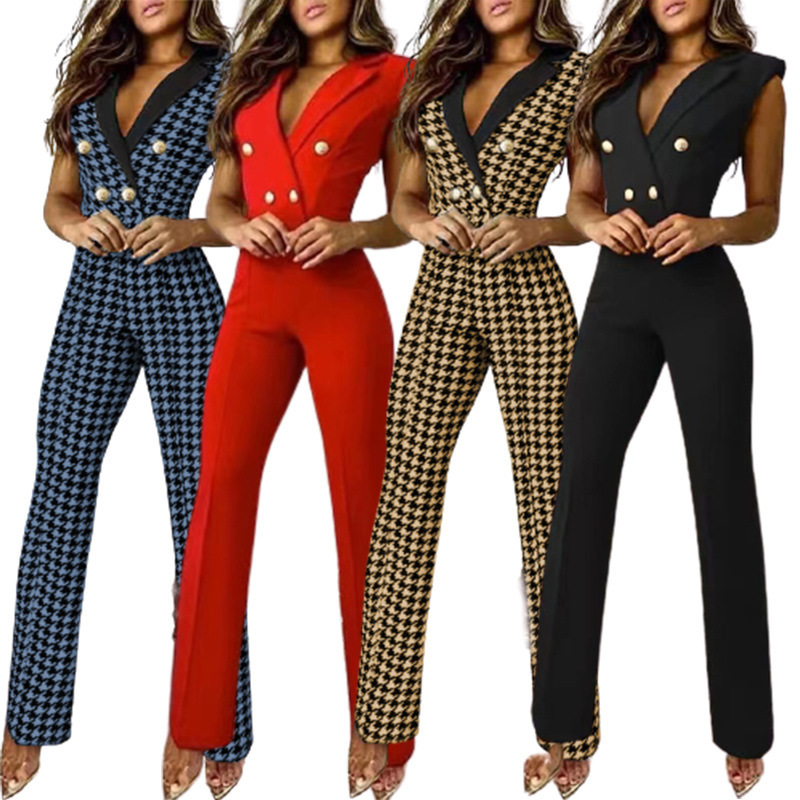 2024 European and American Spring and Summer Women's Clothing Amazon Color-Blocked Twisted V Neck Sleeveless Houndstooth Jumpsuit Professional Wear for Women