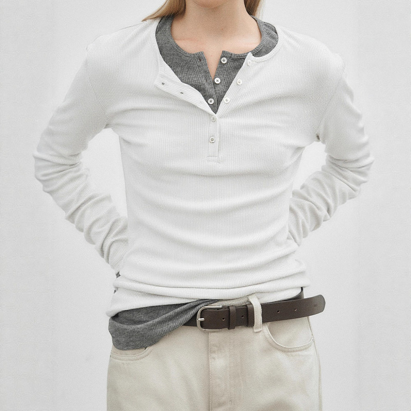 2026 Spring/Summer Henry Collar Long Sleeve T-Shirt, Can Be Worn as Outerwear or Layered, Round Neck Top, Slim Fit, Ribbed, Early Spring Women's Fashion