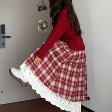红色格纹针织毛衣连衣裙子女冬季2025新款新年战袍设计感长裙套装