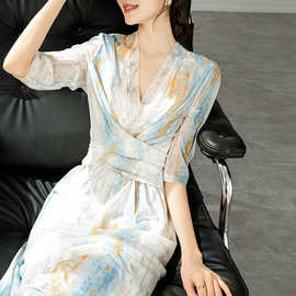 现货 2024夏季国风连衣裙女绑带系带中长水墨画印花V领裙子