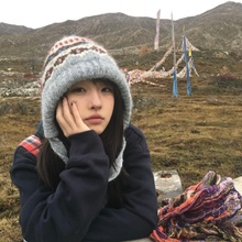 提花包包帽女秋冬复古保暖针织毛线帽百搭两用护耳套头毛线帽子