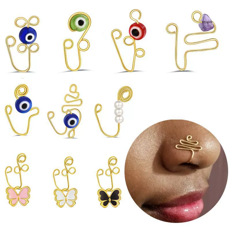 Амазонка Новый Кристалл Натуральный Гравий Ручной Работы Кольцо В Носу Синий Глаз Дьявола Зажим Для Носа Без Перфорации Поддельное Кольцо В Носу