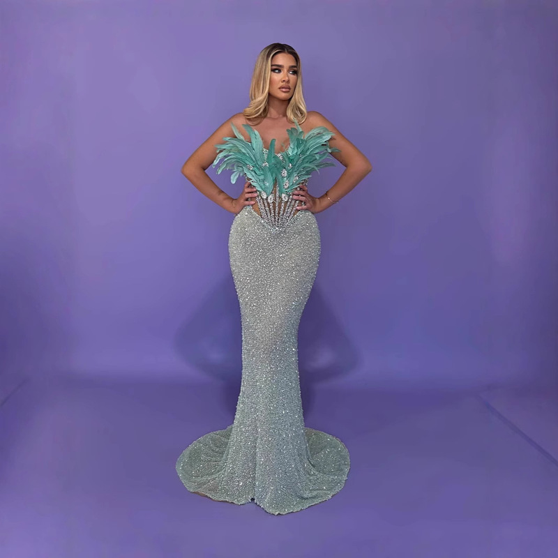 Independent Station AliExpress Cross-border Explosions Sequin Feather Elegant Strapless Host Banquet Dress Ball Evening Dress