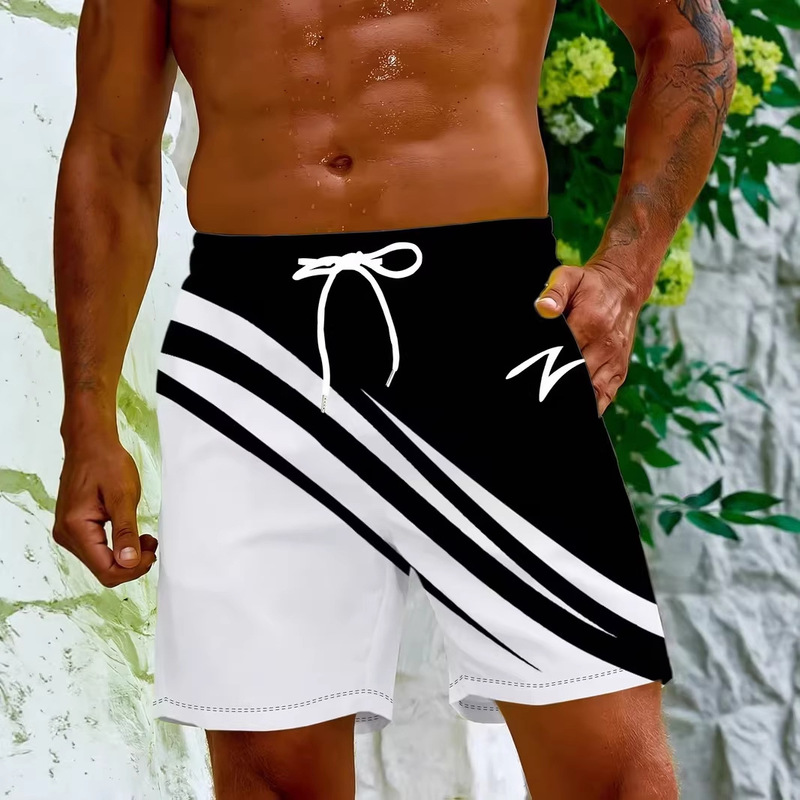 Amazon's Cross-Border Bestseller: Black and White Twill Color-Blocked Men's Swim Shorts, Vacation-Style Drawstring Surf Shorts Supply