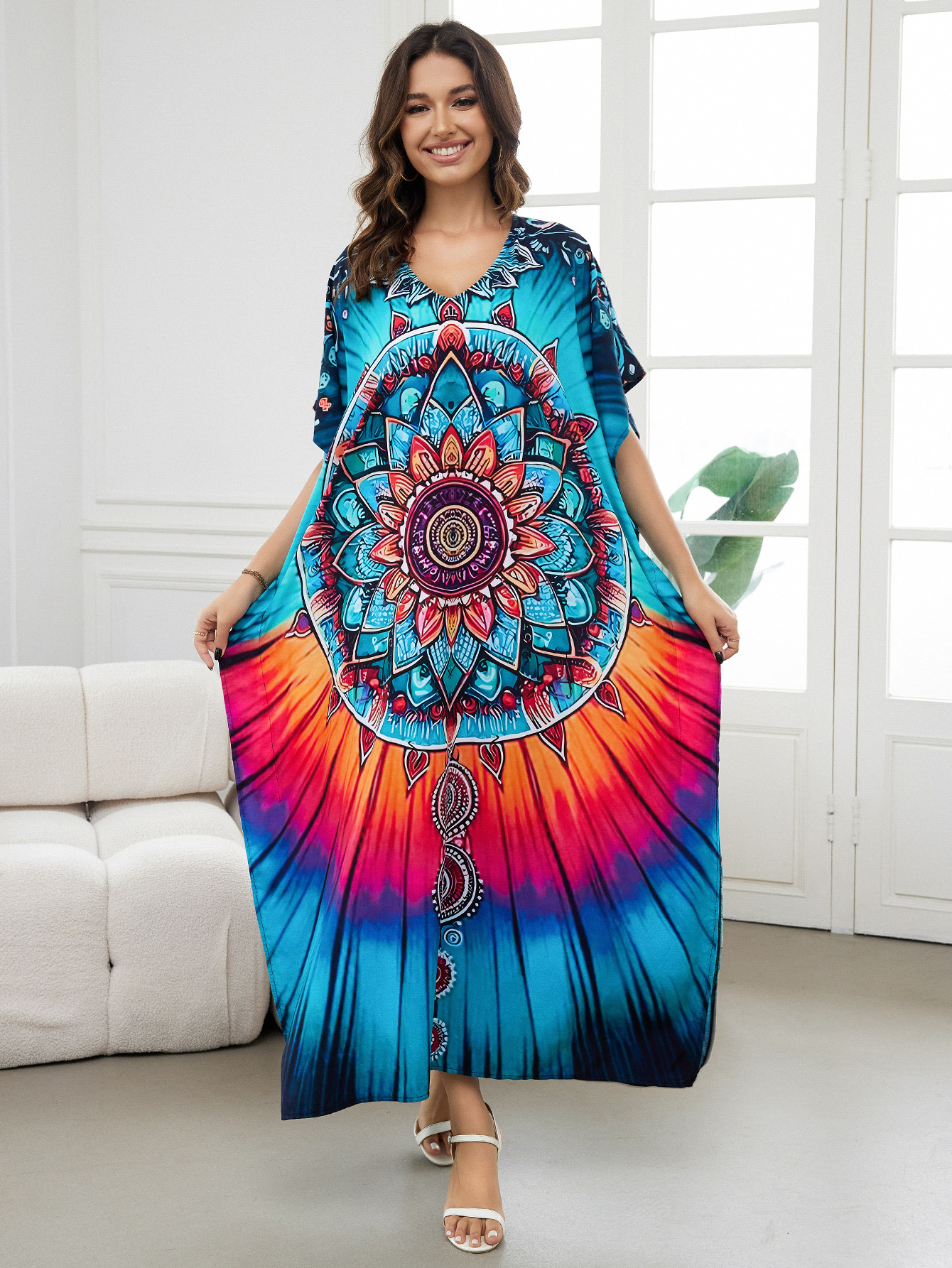 Rochie de plajă lungă kimono dama boho viscoză tie-dye_voghion.com