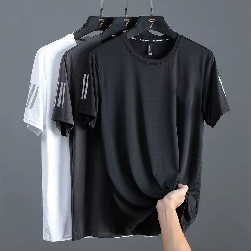 Summer Ice Silk T-Shirt Men's Round Neck Quick-Drying Short-Sleeved Thin Breathable Half-Sleeved Large Size Top Men's Sports Loose and Trendy