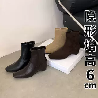 2026新款方头短靴冬季保暖加厚绒马丁靴小众设计感猫跟女瘦瘦靴子