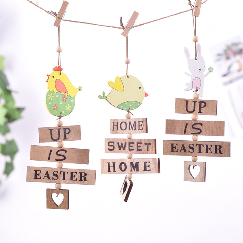 跨境新款复活节装饰复活节彩蛋小鸟兔子小鸡木质挂件蛋形木屋