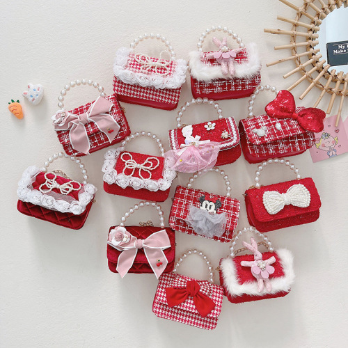 New Year's Children's Bag Big Red Small Fragrance Pearl Handbag Baby Bow Chain Bag Girls Coin Purse
