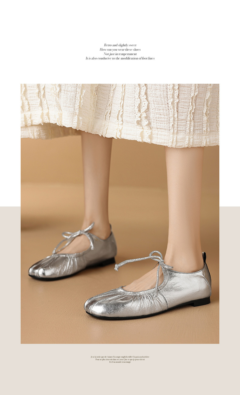 Giày ballet nữ da cừu mềm mũi tròn đế bệt xếp ly nơ buộc dây — Màu súng chi tiết 4