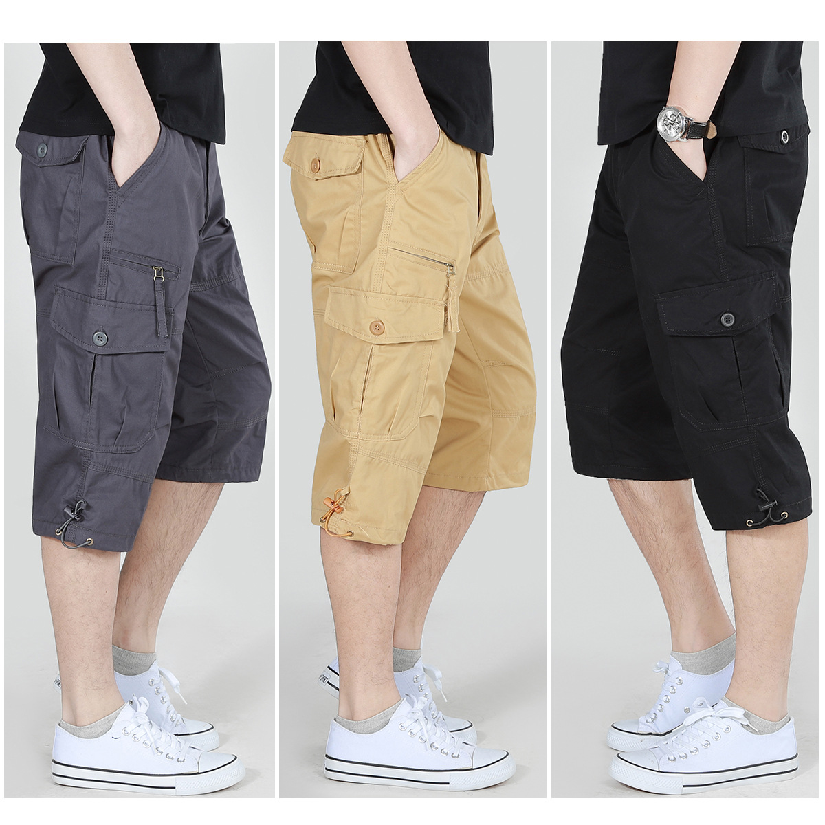 Summer elastic waist loose multi-pocket work shorts cropped pants men's cotton breathable sports plus large size rest