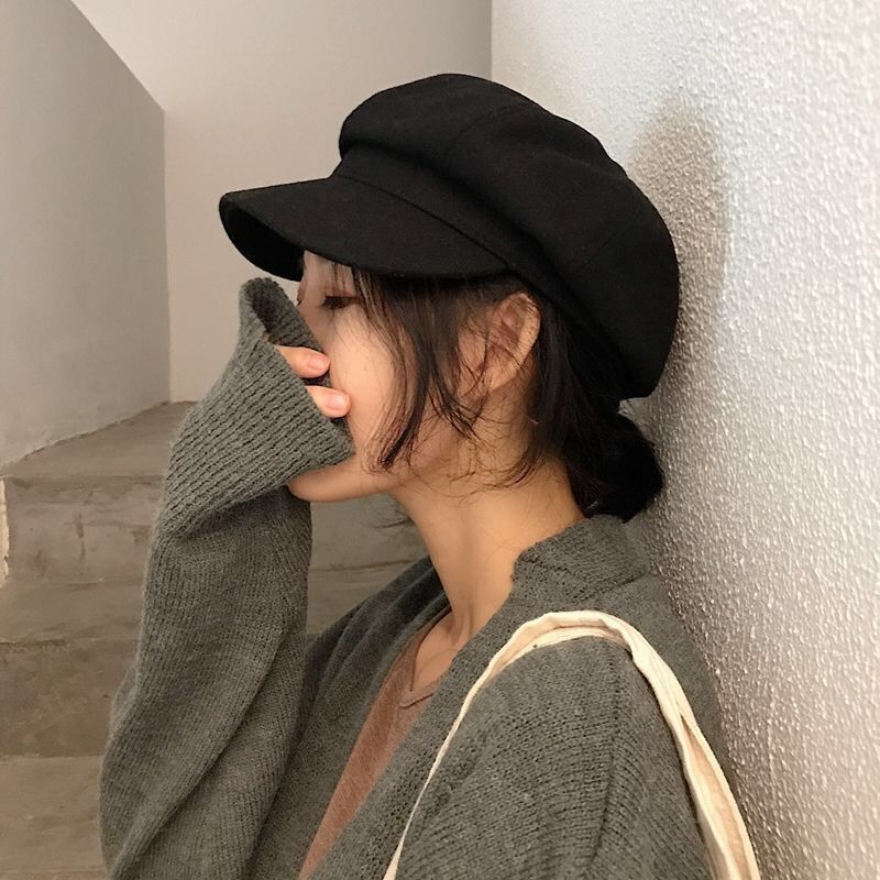 早秋新款贝雷帽女时尚百搭显脸小鸭舌帽大头围法式复古毛呢八角帽|undefined
