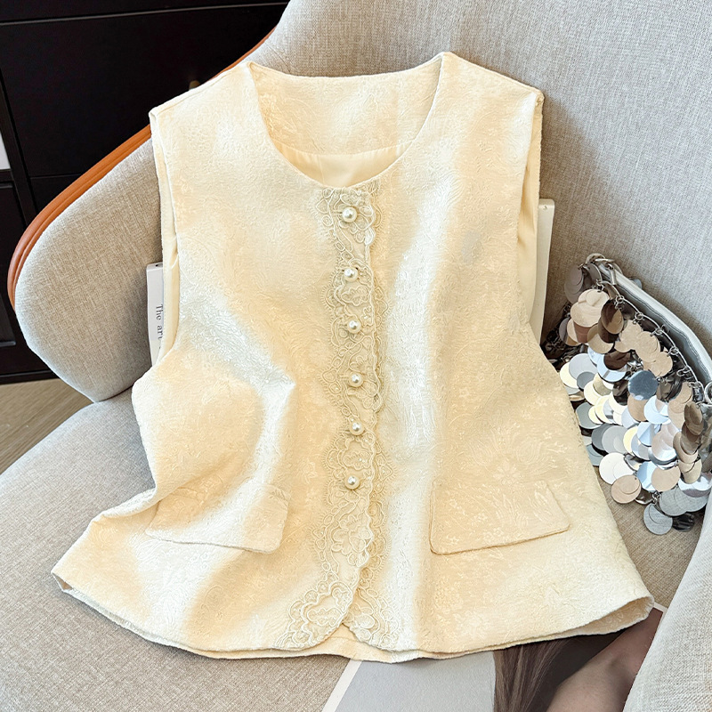 新款新中式蕾丝花边马甲背心女秋季日常休闲感国风无袖小马夹|undefined