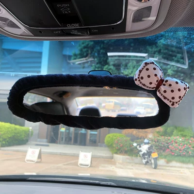 Trendy, Universal Type, Direct – Sürətlər qutusu və əl tormozu başlıqları - beige-embroidered-polka-dot-bow-black-rearview-mirror-cover