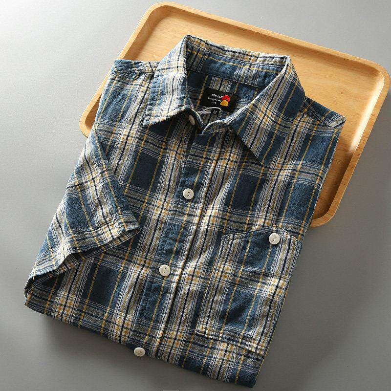 Summer New Arrival Japanese Retro Artistic Washed Men's Loose Casual Plaid Collar Short-Sleeve Shirt