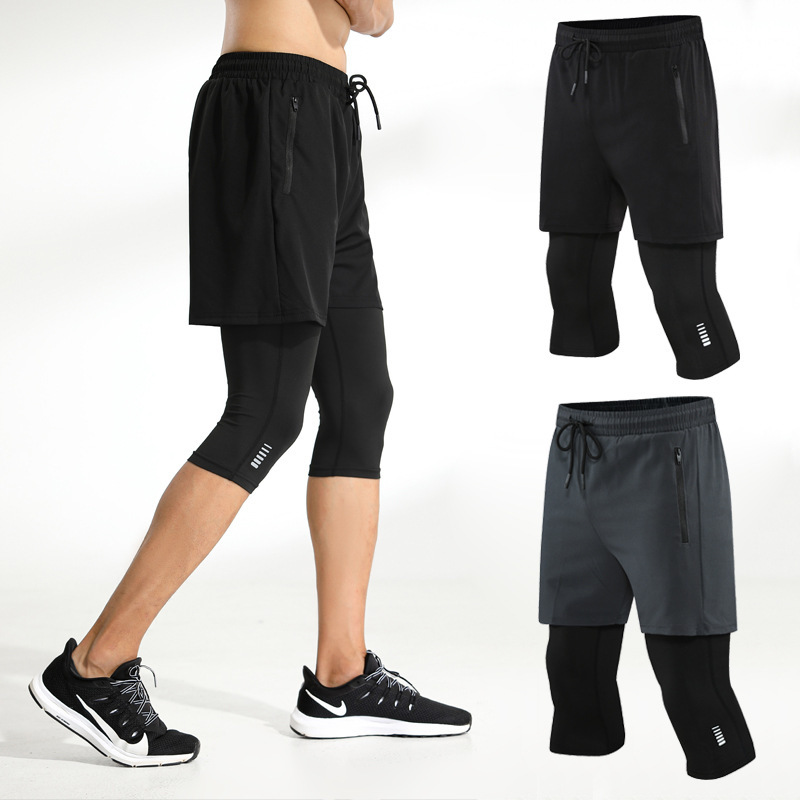 Men's Tight Pants Cropped Fake Two-Piece Fitness Sports Running Training Amazon Casual Stretch Quick-Drying Pants