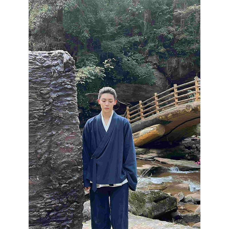 New Chinese Style Men's Chinese Style King Wudang Also Same Style Dao Robe Coat Men's Cotton and Linen Seven-point Robe Tai Chi Training Jumpsuit