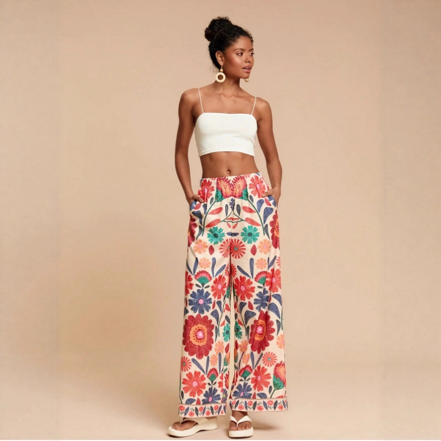 Cross-Border European and American Amazon Women's Bohemian Style High-Waisted Elastic Loose-Fitting Printed Casual Flared Pants