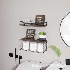 木质厨房壁挂式墙面浮动搁板带金属框架实木浴室架带储物篮收纳架