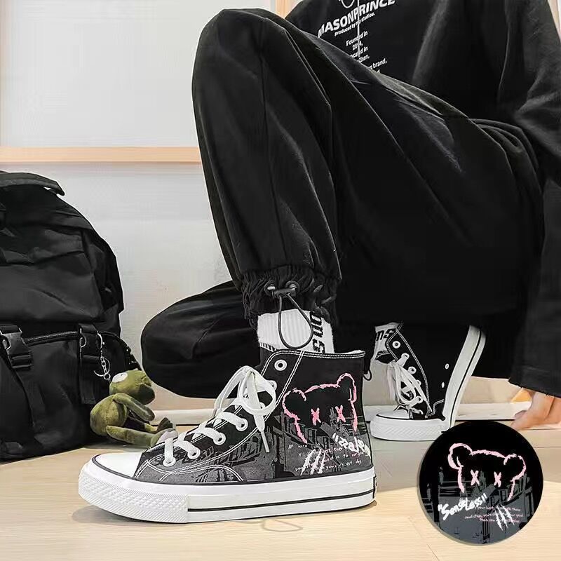 High-Top Canvas Shoes Men's Sneakers Spring Youth Students Casual Internet Celebrity Anime Hand-Painted Trendy Shoes Lightweight Style