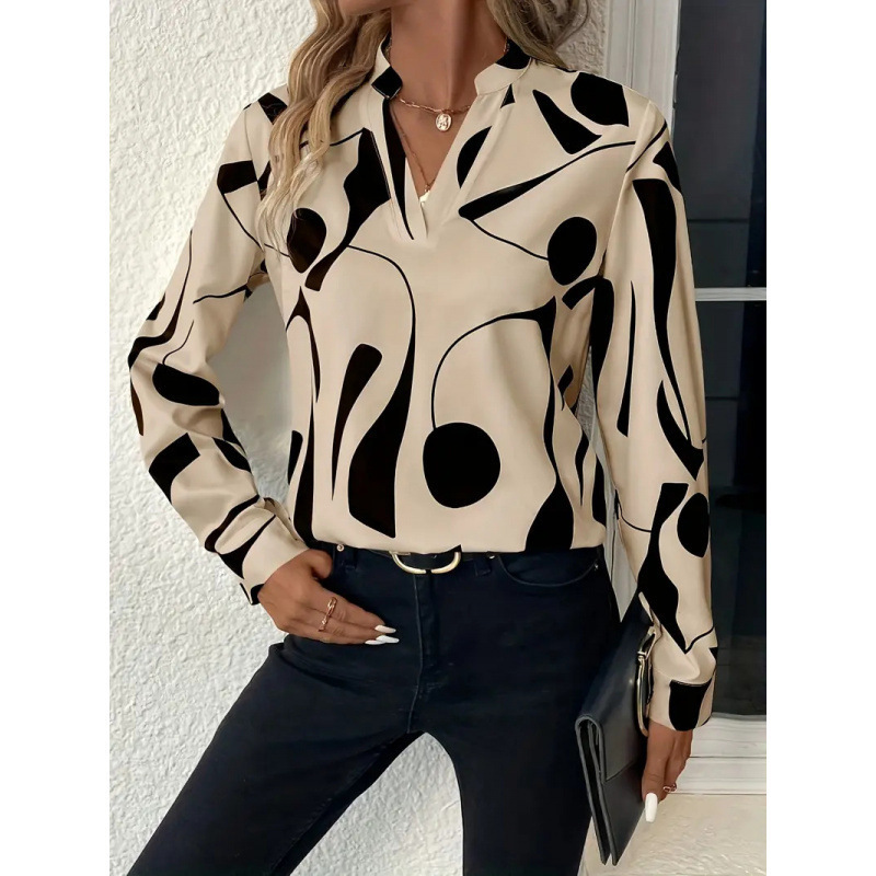 European and American Cross-Border Wish Foreign Trade Women's Printed Notched Collar Shirt Casual Long-Sleeved Shirt Top for Women