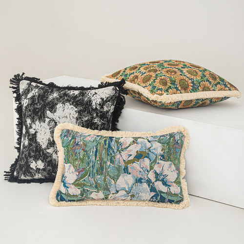 European classical jacquard throw pillow cover oil painting sunflower tassel waist pillow cover living room sofa cushion cushion cover