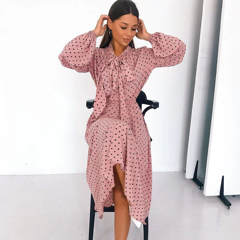 Tie-Up Long-Sleeved Polka Dot Dress NSCX72558