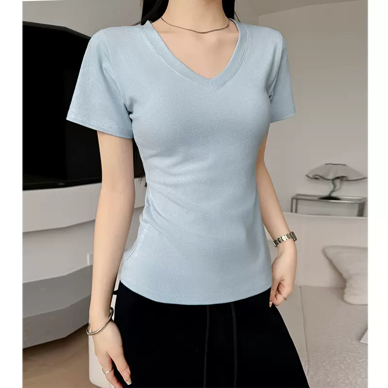 蓝色正肩短袖t恤女春夏季2026新款内搭基础款修身百搭V领百搭上衣