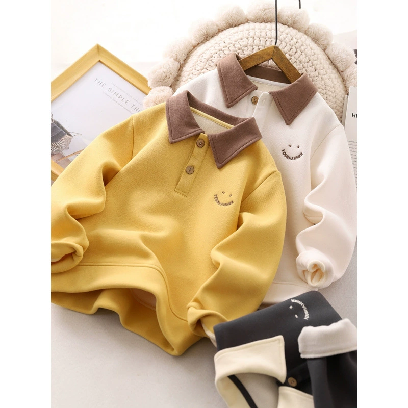 Мальчик с плюшевой свитер осенний и зимний отворот модная рубашка POLO2024 новый детский теплый топ