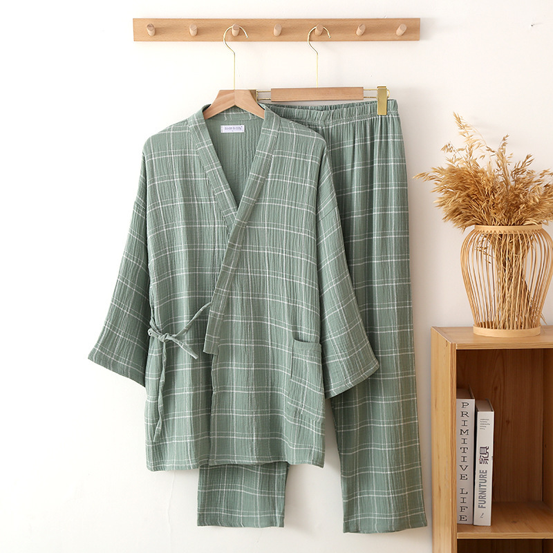 New gauze crepe men and women couple kimono nine-quarter sleeve trousers home wear pajamas suit