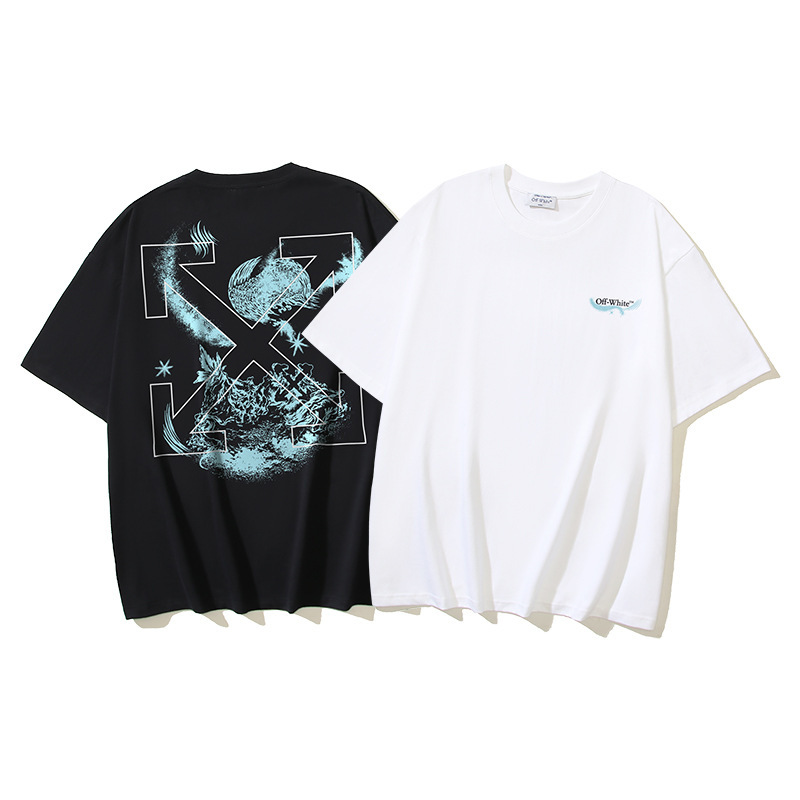 Cross-Border Authentic Off-White Heavyweight 260g Pure Cotton Graffiti Arrow Print Men's Loose Short-Sleeve T-Shirt