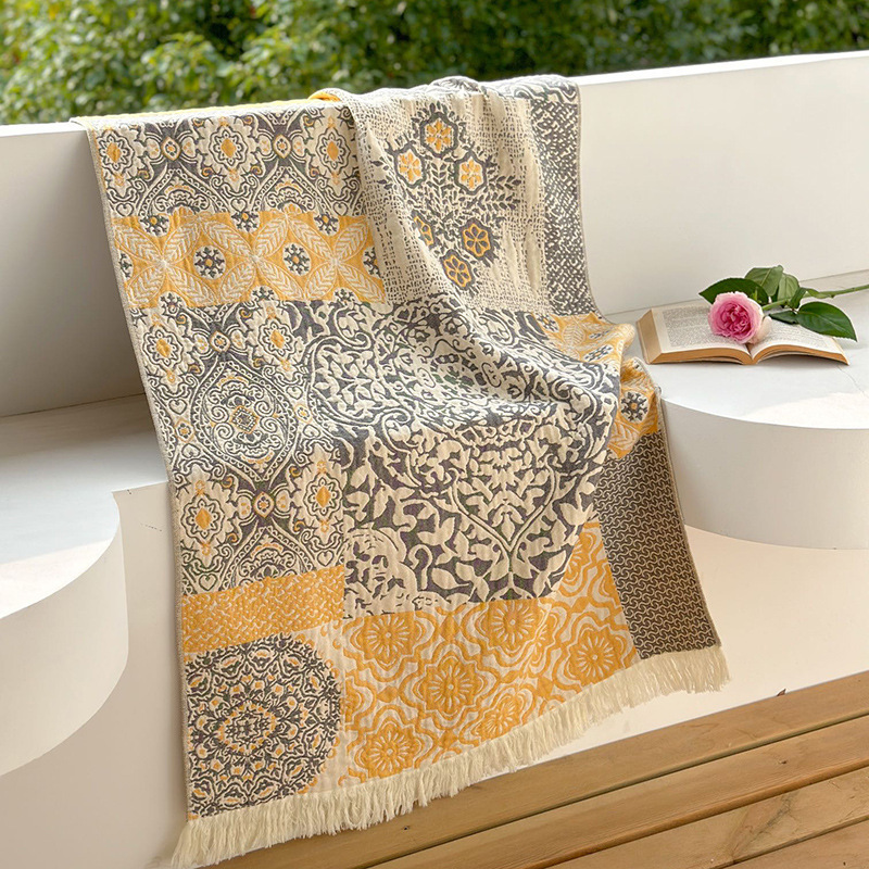 Factory Direct sales! Bohemian raw cotton six-layer gauze large bath towel vintage Sicilian famous style tassel blanket