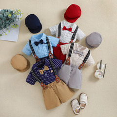 嬰兒周歲禮服背帶套裝夏裝新款嬰幼兒短袖哈衣男寶寶帶帽紳士童裝