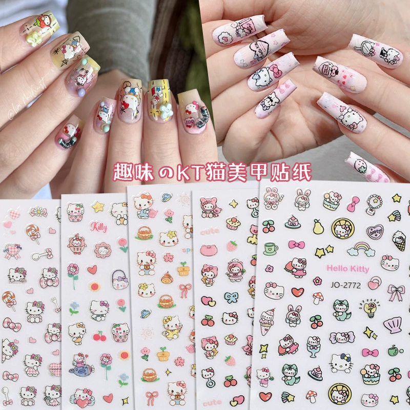 Наклейки для дизайна ногтей с котенком, милый мультфильм «Hello Kitty», ультратонкие с клейкой основой, детские забавные наклейки для ногтей с узором «сделай сам»