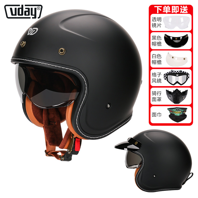 Retro Electric: Motuoche Motosiklet kaskı (dəbilqə) - va-1-matte-black-gift-visor-brim-black-goggles-mask-scarf-m-53-54cm