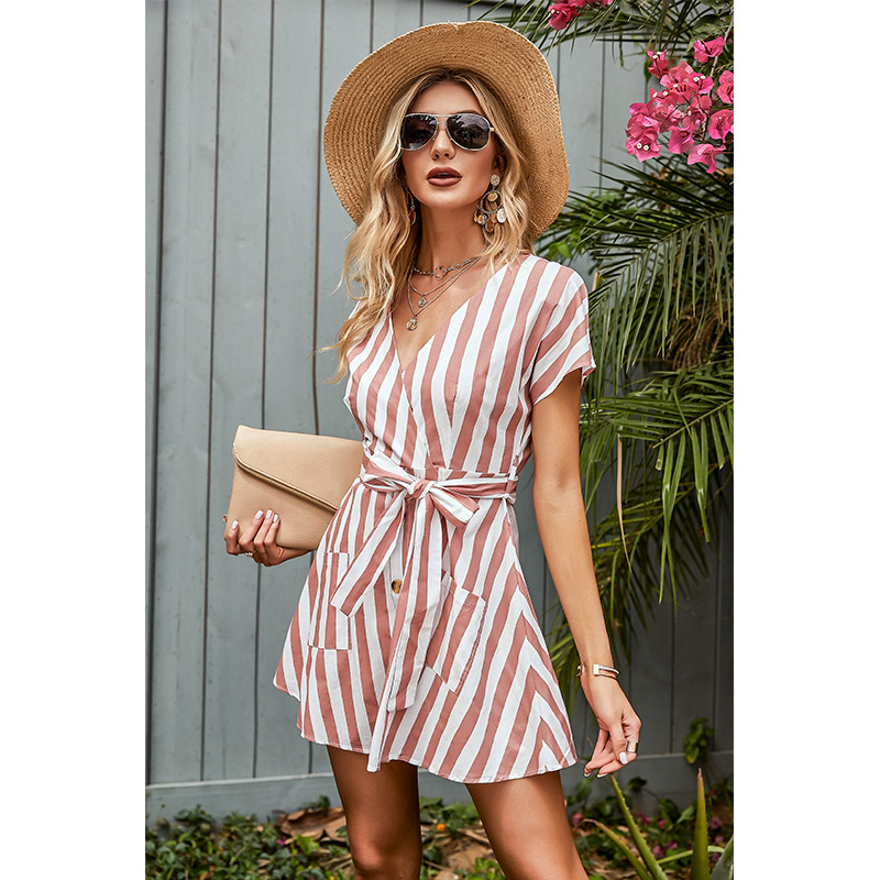 fashion short-sleeved bow tie-up V-neck striped dress NSSA53024